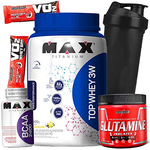 Kit Top Whey 3W 900g 0% Açucar Glutamina 150g Bcaa 2400 60caps Copo Shaker Barrinha wey way