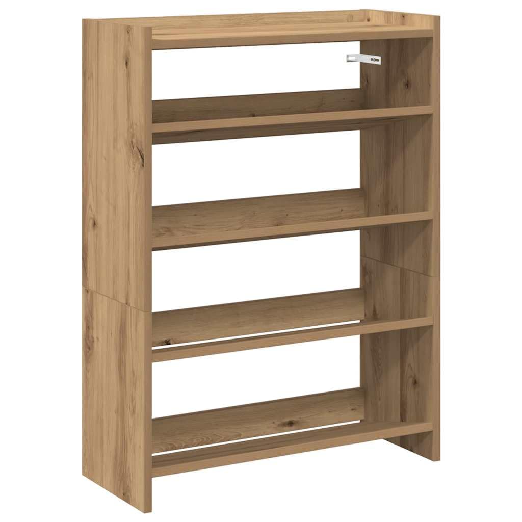 Assembled vidaXL Craft Oak Shoe Rack with shoes in an entryway