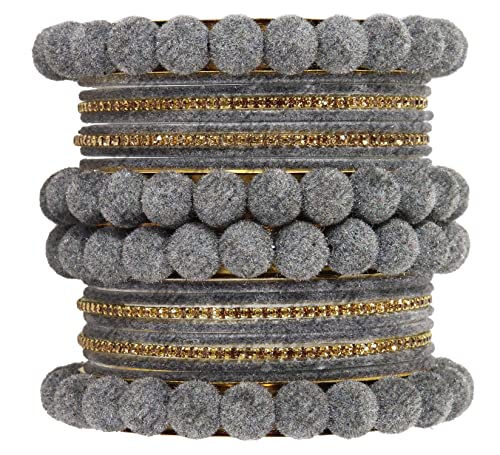 Image of NMII Stylish Metal with Golden Zircon Stone & Velvet Balls Bangles Set For Women and Girls | Fancy Designer Bangles | Short Velvet Chuda Set | Women's Fashion Jewellery