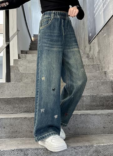 ASHER FASHION Girls Bow Embroidered Jeans Cute Bow Embroidery Wide Leg Denim Pants Fall Loose Jean Trousers Outwear Clothes2