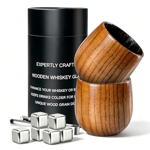 Jevervd Charred Wood Whisky Glasses Set of 2, Handcrafted Bourbon Drinking Glass 300ml Large Wood Whiskey Cup with Whiskey Ice Stones & Tongs, Gift for Men, Dad, Husband, Brother, Friends