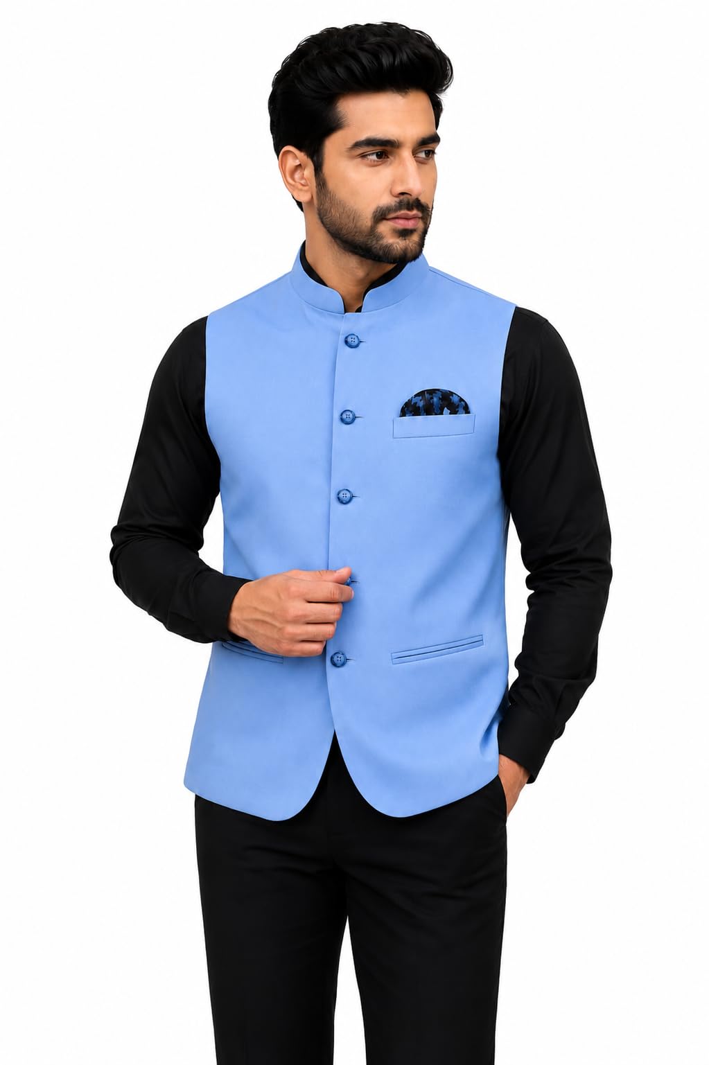 Men's Sky Blue Nehru Jacket with Chest Pocket-image-15