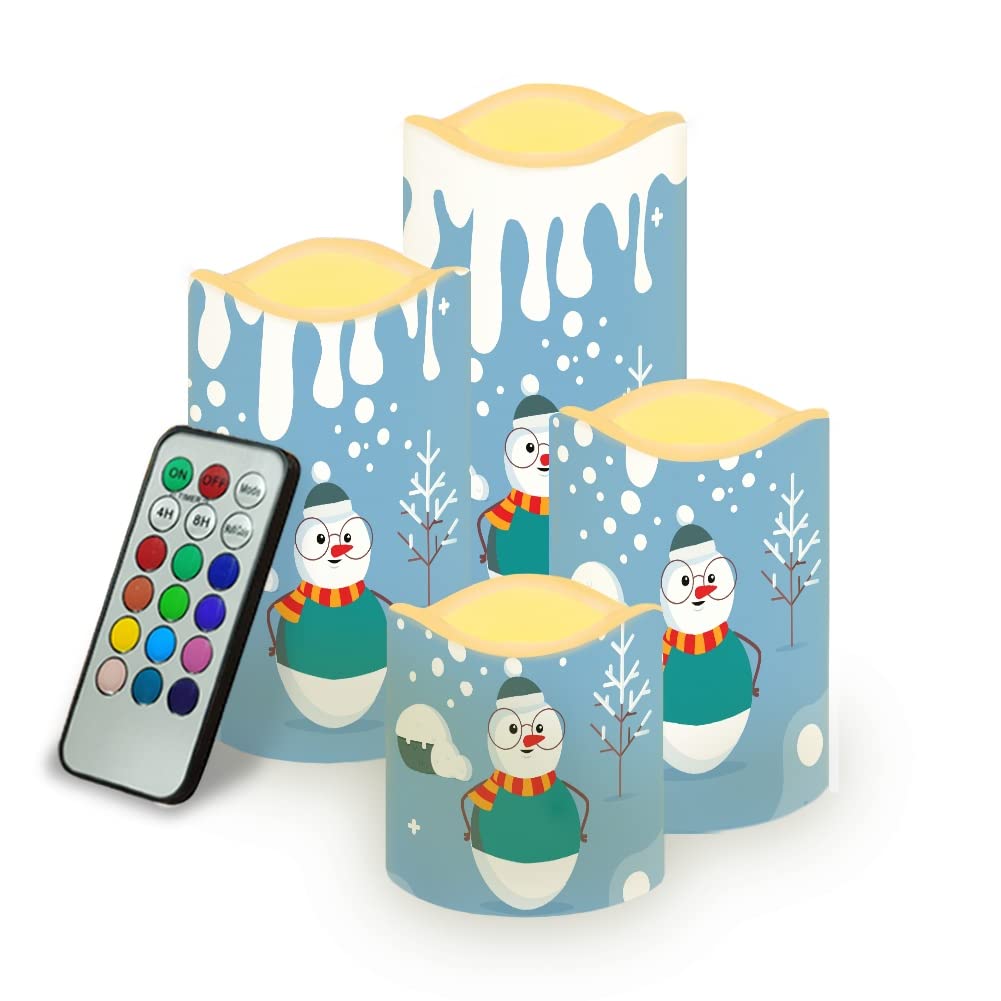 Kuiaobaty Cute Snowman Led Realistic Candle Lights Set of 4 Christmas Decor Pillars Led Candles Battery Operated with Flickering Flame and Timer