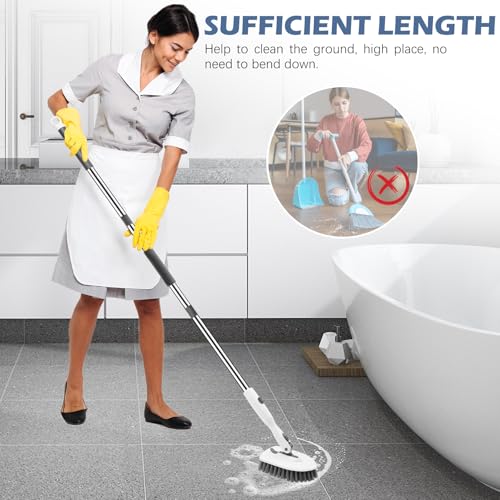 Image of SetSail 4-in-1 Tile Tub Floor Scrubber with 52-inch Long Adjustable Handle Shower Cleaner Brush with V-Shaped Grout Brush and 3 Replacement Brush Heads for Bathroom Kitchen Walls Tub Tile, White Grey