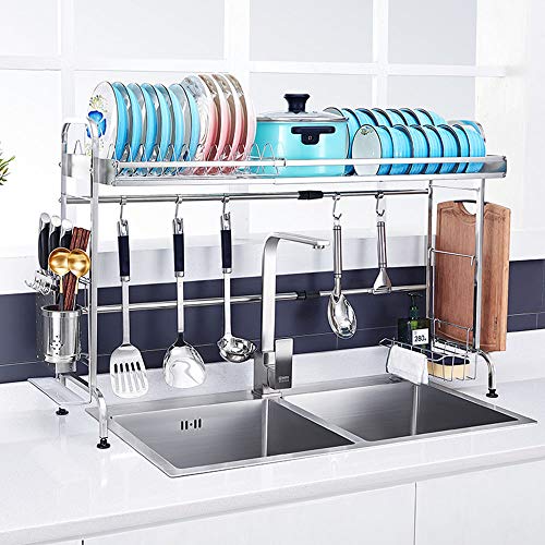 Escurridor de platos sobre el fregadero, longitud ajustable, estante de almacenamiento de encimera de cocina con soporte de esponja/soporte para utensilios