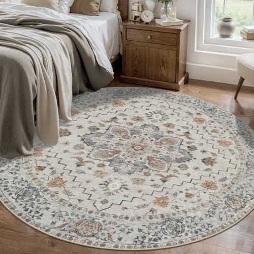 Image of Tangsoo Washable Round Area Rugs 5ft, Vintage Non Slip Circle Rug Low Pile