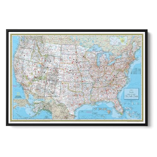 Image of National Geographic Classic USA Map with Pins - Personalized United States Travel Map Canvas - Extra Large Framed Wall Decor - Black Float Frame - 34 inch x 51 inch