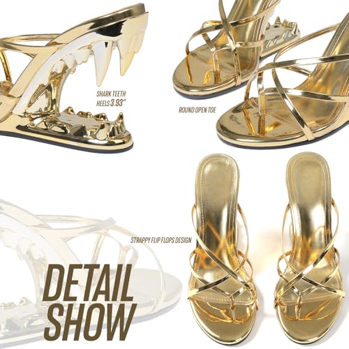 Image of Goiphrri Wedge Sandals for Women Strappy Heels Round Open Toe Heels Metallic Shark Tiger Teeth heeled Sandals Flip Flops Thong Womens Mules Slip on Party Dress Wedding Ceremony