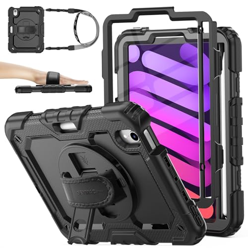 SEYMAC stock Hülle für iPad mini 7(A17 Pro) 2024/ Mini 6 2021 8 3 Zoll Stoßfeste Hülle mit 360 Drehbarer Ständer/Handschlaufe Displayschutz Stifthalter & Schultergurt für iPad mini 7/6 Schwarz