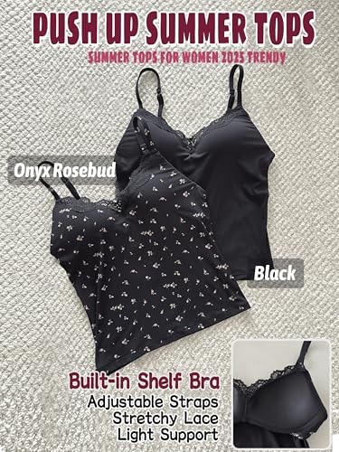 Starryion Women Sexy Deep V Neck Lace Tank Top with Built in Shelf Bra Push Up Summer Going Out Tops 20254