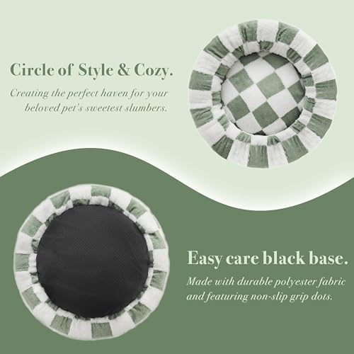 Checkered Dog Bed, Cute Sage Green Retro Style Aesthetic Round Warming Pet Calming Beds for Small Dog and Cats, Plush Cozy Donut Washable, 30" L x 30" W x 8" Th - Image 5