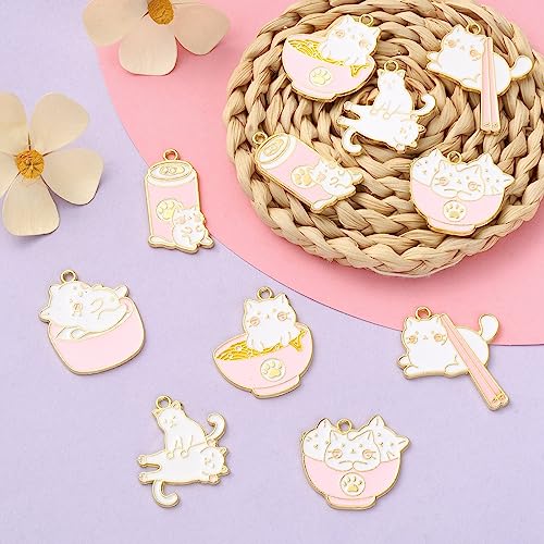 Stiesy 12 pcs 6 Styles Cat Charms Pendants Enamel Kitten Charms Cute Cat in Pink Bowl Dangle Charms for DIY Crafts Bracelet Jewelry Making - Image 3