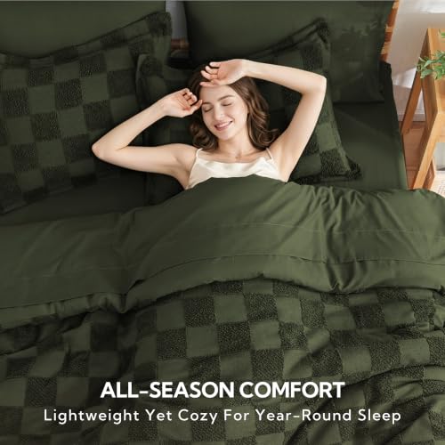 Image of MR&HM King Comforter Set 7 Pieces, Checkered Boho Bed Set Dark Olive Green | Farmhouse Vintage Bed with Plaid Geometric Design, All-Season Bed in A Bag Comforter with Sheets, Pillow Shams & Pillowcases