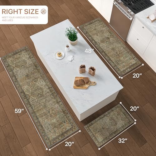 GENIMO Kitchen Mats for Floor Set of 3 Non-Slip Washable, Waterproof Lightweight Kitchen Rugs, Kitchen Floor Mat Runner Rug Carpet for Laundry, Sink, Hallway, Bathroom, Entryway, Brown Green