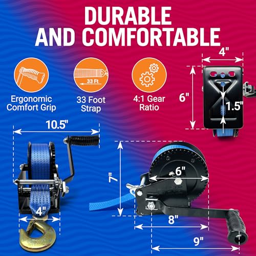 Image of Boat Trailer Winch with Strap and Hook, Manual Hand Crank Winch, Heavy Duty | 1600lbs 1 Speed Ratchet Gear, Pulling Boat Parts, Trailers, Car, Truck Towing