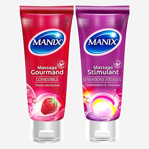 Lot de 2 Lubrifiants : MANIX Massage Gourmand (Gout Fraise) & MANIX Massage Stimulant (Effet Chauffant) | Comestibles | Compatibles avec les Préservatifs Cover