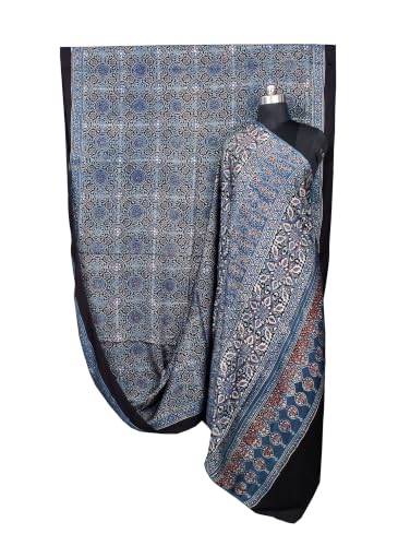Image of Ethnics of Kutch Womenss Ajrakh Modal Silk Natural Dye Hand Block Print Saree with Blouse Piece - 5.5 Mtr Length