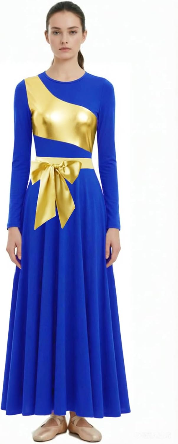 ORIDOOR Praise Dance Dress Worship Liturgical Dance Full Length Church Robe Metal Color Block Splicing Modern Lyrical Dress
