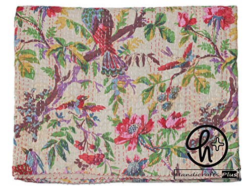 Handicrafts Plus Kantha Quilt Cotton Bedcover Bird Print Ralli Hippie Gudari Beige Throw Decorative Blanket Bedding Bedspread Indian Homemade Coverlet (Twin/Single (60x90 Inch))