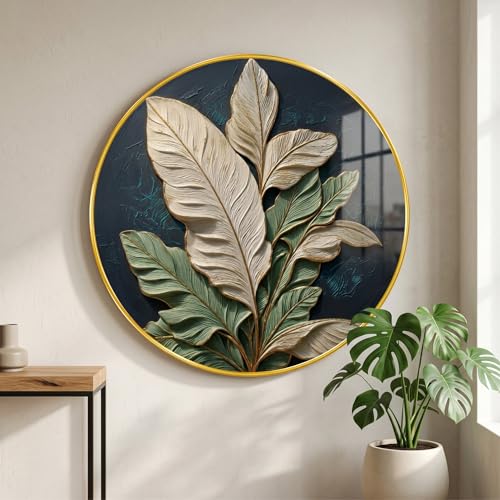 Image of SAF 3D Textured Leaf Wall Painting with Golden PVC Frame Round Botanical Wall Art Modern Luxury Design for Living Room Bedroom Office Home Decor Elegant Gift Item (23 x 23 Inch) GR-352