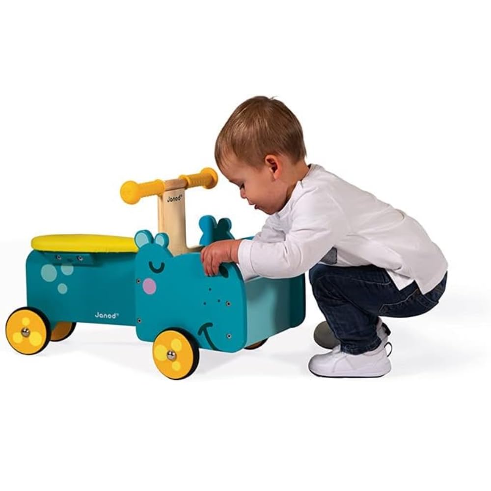 Janod - Cavalcabile per Bambini in Legno Ippopotamo - Maniglie Ergonomiche e Ruote Silenziose - Scomparto per Riporre - Apprendimento dell'equilibrio - A Partire dall'anno, J08003, Blu e Giallo