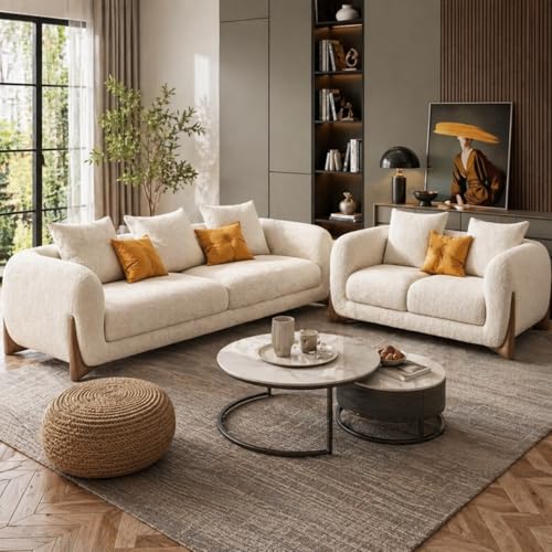 Image of Modern Sofa, Teddy Fabric, Chesterfield Style, Wooden Legs, for Living Room, Bedroom, Hallways (3+2 Seater)