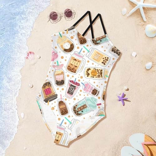 susiyo Girls One Piece Swimsuits Taiwanese Boba Pearl Milk Tea Bathing Suit Quick Dry Beach Swimwear for Toddler Girl 3-10T4