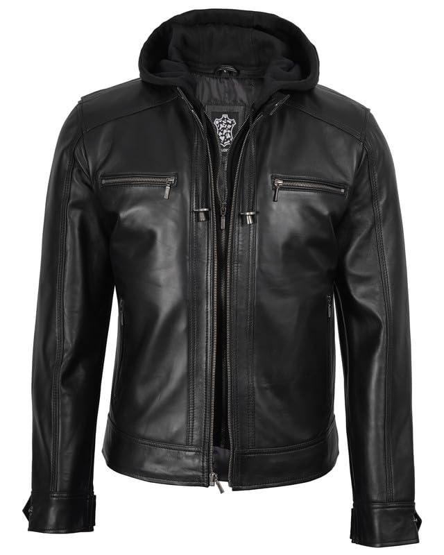 Decrum Hooded Leather Jacket Men - Detachable Hood Real Lambskin Mens Leather Jacket3