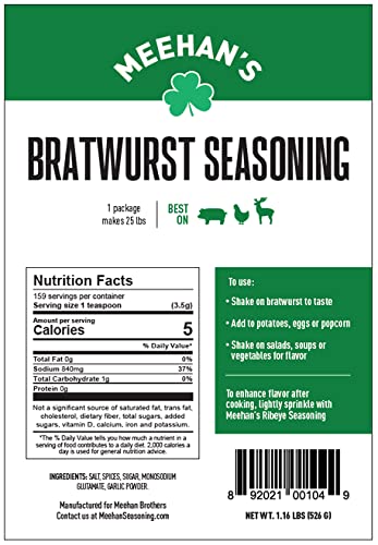 Meehan’s Bratwurst Seasoning – For Pork or Venison Brats, Makes 25 lbs, Homemade Brat Seasoning, 1.16 lb