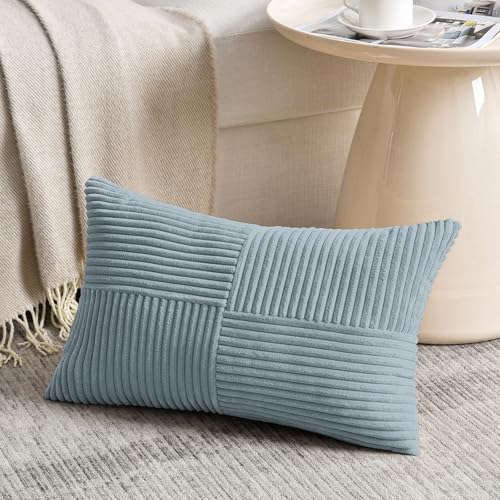 Image of Fancy Homi Set of 2, Light Blue Patchwork Corduroy Decorative Soft Striped Modern Accent Cushion Case Farmhouse Boho Neutral Throw Pillow Covers for Chair Couch Bed Sofa Living Room 28x16 Inch