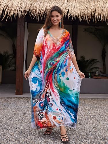 Image of IMAGEKOPE Women's Plus Size Loose Fit Moroccan Print V-Neck Batwing Kaftan Beach Dress Bathing Suit Cover Up