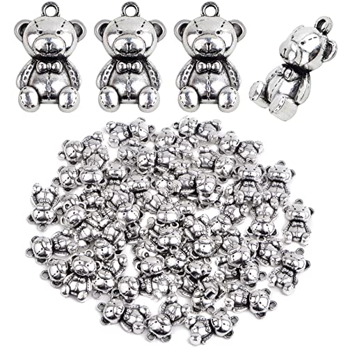 KMOSPAD 50pcs Antique Silver Cute Bear Pendant Charms Vintage Alloy