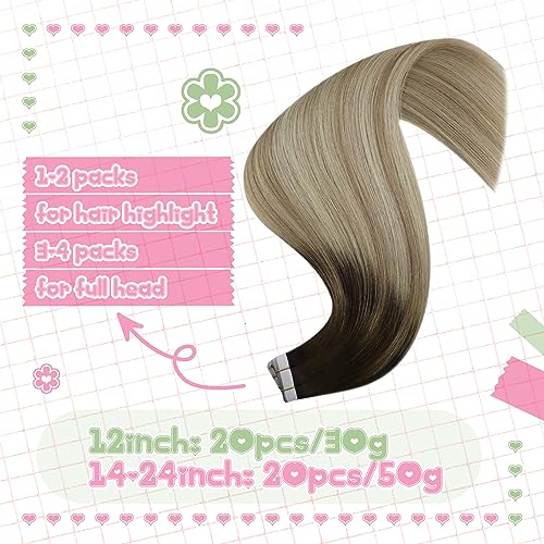 YoungSee Balayage Tape in Hair Extensions Real Human Hair 22 Inch Ombre Tape in Extensions Human Hair for Long Hair Dark Brown Ombre Brown with Blonde 20pcs 50g - Image 4