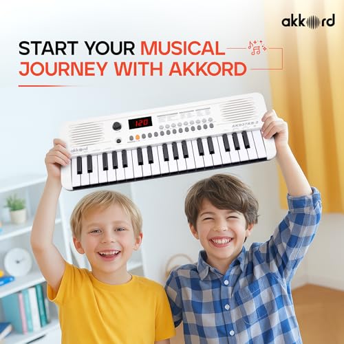 Image of Akkord 37 Keys Music Keyboard - White Edition | 20 Rhythms, 10 Tones & 10 Demos, LED Display, Portable Beginner Piano Compatible | Kids, Beginner Keyboard with USB-C Cable (Without Adapter and MIDI)