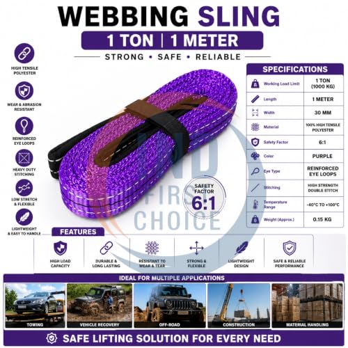Image of IND 1 Ton Lifting Belt 1 Meter Polyester Webbing Sling | Heavy Duty Flat Eye to Eye Lifting Strap | 1000 kg Capacity for Crane, Hoist, Material Handling, Cargo & Rigging