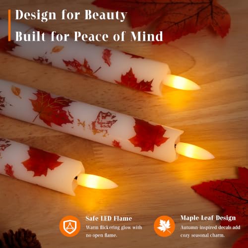 Image of JOIONE Maple Leaf Flameless Taper Candles with Remote, 3 Pack Fall Decor | Battery Operated LED, Maple Leaf Design, Real Wax, Remote Control, Warm Flickering Glow, Safe Fall Home & Party Decor