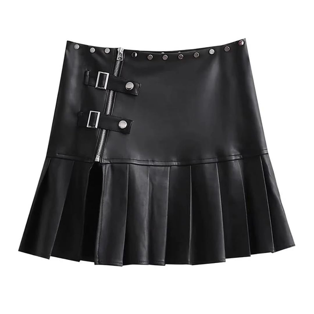 Minifalda plisada de piel sintética para mujer, color blanco, cintura alta, remache con abertura lateral, falda corta