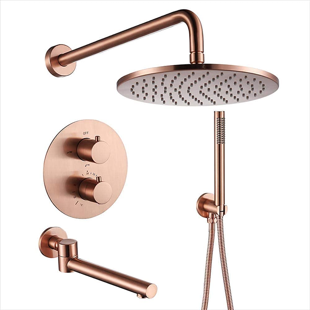 OZBMA Rose Gold Thermostatic Mixer Shower Set - 10" Rainfall Head & Hose, Stylish Tap for Luxurious Bathroom Experience (B A)