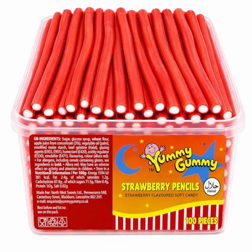 Yummy Gummy Strawberry Pencils Halal Soft Chewy Candy Strawberry Flavour Retro Pick N Mix Bulk Sharing Tub 100 Pieces
