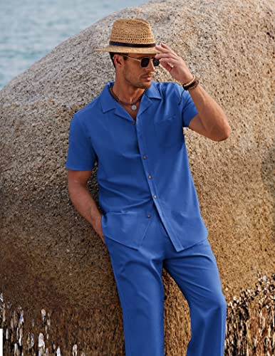 Image of COOFANDY Men 2 Piece Linen Outfit Beach Button Down Shirt Casual Loose Pant Sets