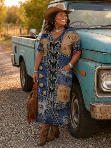 Image of Plus Size Maxi Dress for Women Short Sleeve V Neck Casual Loose Sundress with Pockets