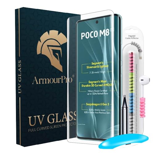 Image of ArmourPro UV Glue Tempered Glass for Poco M8 Curved Screen Protector, 9H Anti Scratch, Edge-to-Edge Coverage, HD Clarity, Easy UV Kit with Cable Protector