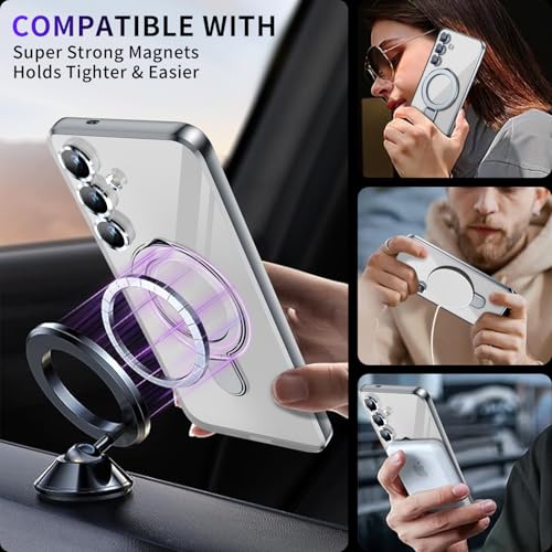 Image of Magnetic Stand & Full Camera Lens Protector Case for Samsung Galaxy S25 [Compatible with MagSafe][Military Drop Protective] Not Yellowing Clear Slim Soft S25 Phone Case for Women Men,Silver