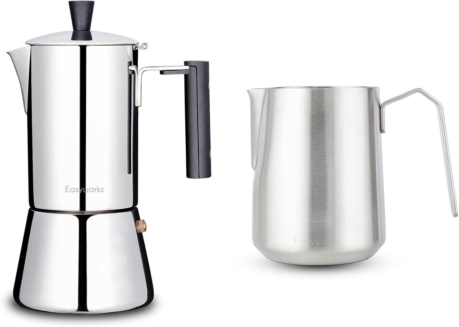 Easyworkz Pedro Stovetop Espresso Maker 4Cup 200ml, Bundled Espresso Steaming Pitcher Stainless Steel 20 oz Coffee Frothing Picther Milk Jug Cappuccino Latte Art Cup, Brushed Silver
