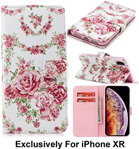 Pelotek; iPhone XR Rose Wallet Case, iPhone XR Flower Wallet Case | Elegant Colorful Floral Design Rose Pink Flip Case | with Premium Leather Strong Inner Case Credit/ID Card Money Holder Slots (Pink