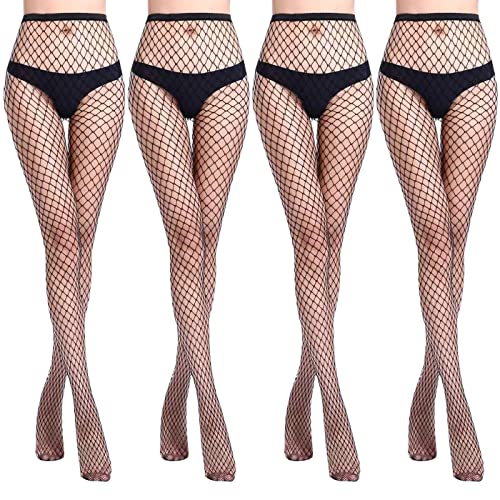 WOOKIT 4 Paar Schwarze Sexy Hohe Strümpfe Strumpfhosen Netzstrumpfhosen Netzstrümpfe Taille Fischernetz Strumpfhosen für Damen-Mittleres Netz