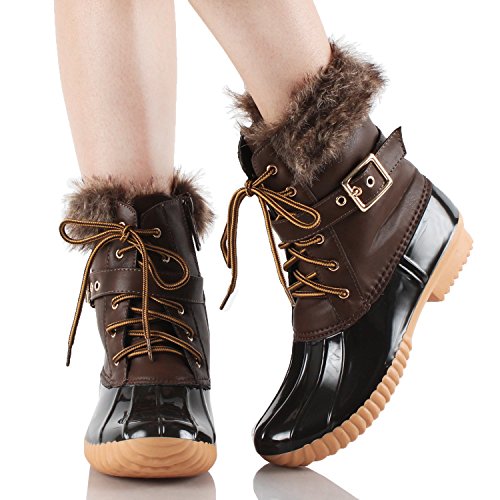 Nature Breeze Duck-01 Women's Chic Lace Up Buckled Duck Waterproof Snow Boots,Brown,5.5