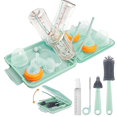 Image of Maclined Travel Baby Bottle Drying Rack Set with Extendbale Protable Silicone Bottle Brush, Nipple Cleaner Brush,Straw Brush Compact Size Baby Essential for Newborn & Moms (Green)