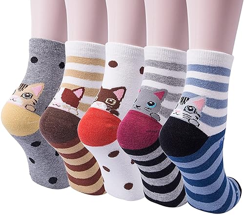 Softcozy 5 Paare Frauen niedliche Tier Baumwolle Socken mehrere Farben und Stile mit Katze und Hund Muster lässig lustig Damen Socken Geschenke für Frauen, Einheitsgröße(Mix 2)