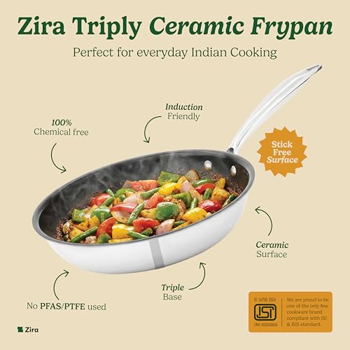Image of Zira Triply Ceramic Frypan 20cm | Ceramic Surface | Triply Frying Pan for Even Heating | Stick Free Deep Frying Pan | Low Oil Cooking | Induction & Gas | Chemical Free